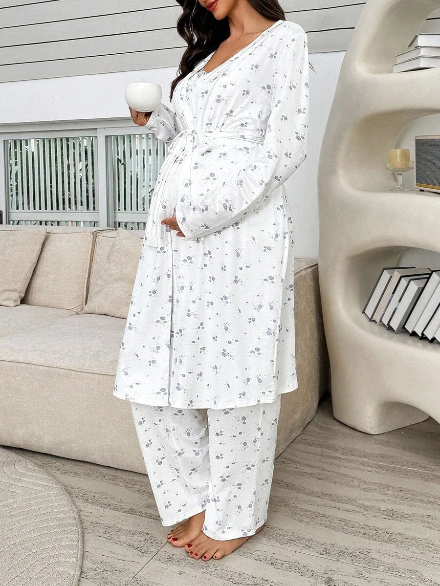 3-Piece Maternity Sleepwear Set - Multicolor Ditsy Floral Cami Top Pants and Robe - Romantic Long Sleeve Maternity Lounge Set