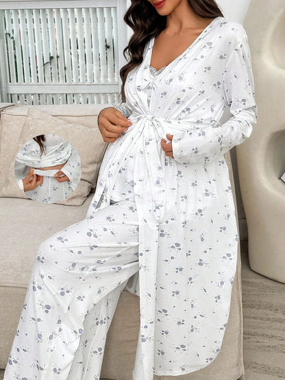 3-Piece Maternity Sleepwear Set - Multicolor Ditsy Floral Cami Top Pants and Robe - Romantic Long Sleeve Maternity Lounge Set