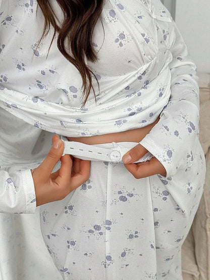 3-Piece Maternity Sleepwear Set - Multicolor Ditsy Floral Cami Top Pants and Robe - Romantic Long Sleeve Maternity Lounge Set