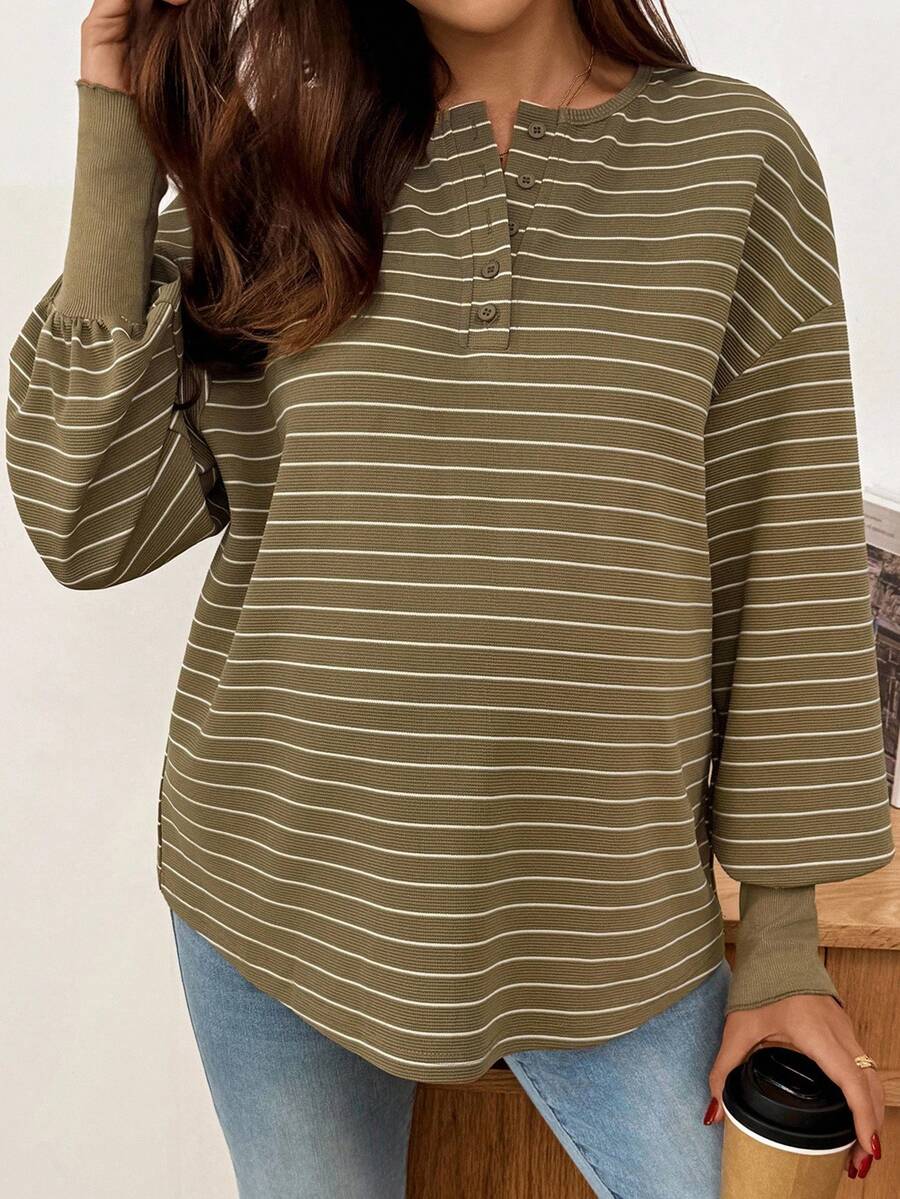 Maternity Striped Long Sleeve T-Shirt Loose Fit Black and White Round Neck Drop Shoulder Knit Top for Casual Styling