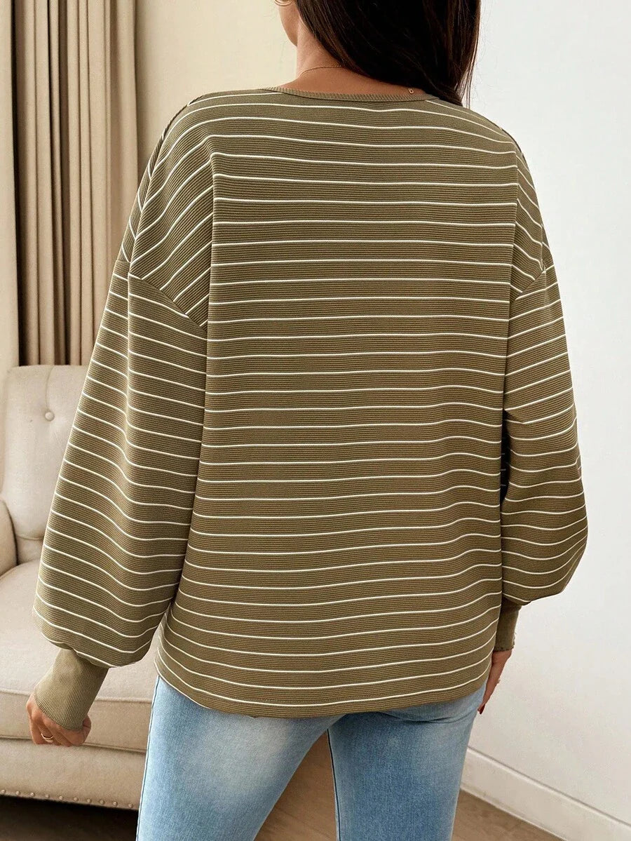 Maternity Striped Long Sleeve T-Shirt Loose Fit Black and White Round Neck Drop Shoulder Knit Top for Casual Styling