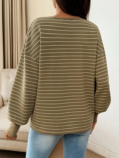 Maternity Striped Long Sleeve T-Shirt Loose Fit Black and White Round Neck Drop Shoulder Knit Top for Casual Styling