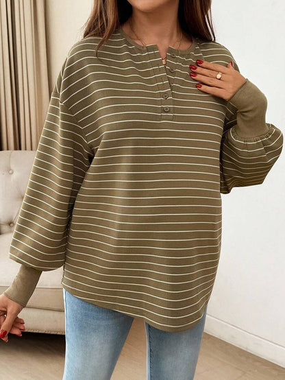 Maternity Striped Long Sleeve T-Shirt Loose Fit Black and White Round Neck Drop Shoulder Knit Top for Casual Styling