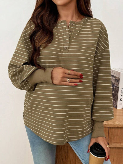 Maternity Striped Long Sleeve T-Shirt Loose Fit Black and White Round Neck Drop Shoulder Knit Top for Casual Styling