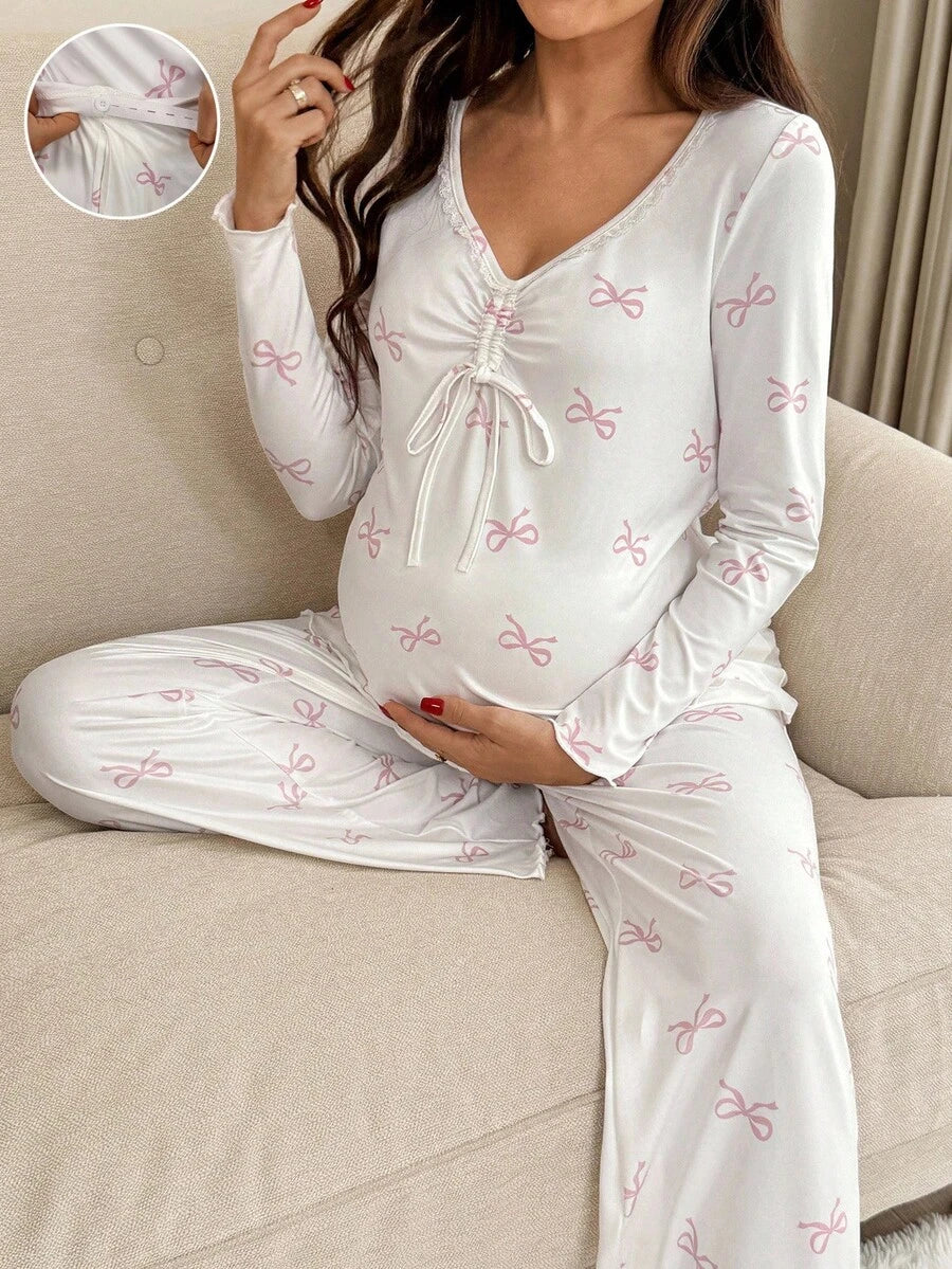 Apricot Maternity Bow Print 2-Piece Pajama Set - Long Sleeve Scoop Neck Top and Cropped Pants - Casual Soft Knit Lounge Set for Women