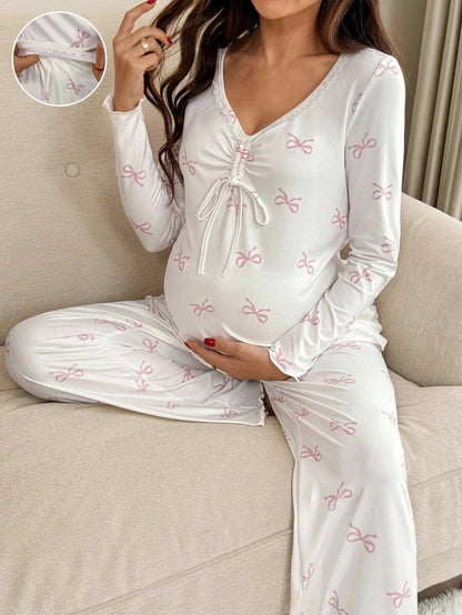 Apricot Maternity Bow Print 2-Piece Pajama Set - Long Sleeve Scoop Neck Top and Cropped Pants - Casual Soft Knit Lounge Set for Women