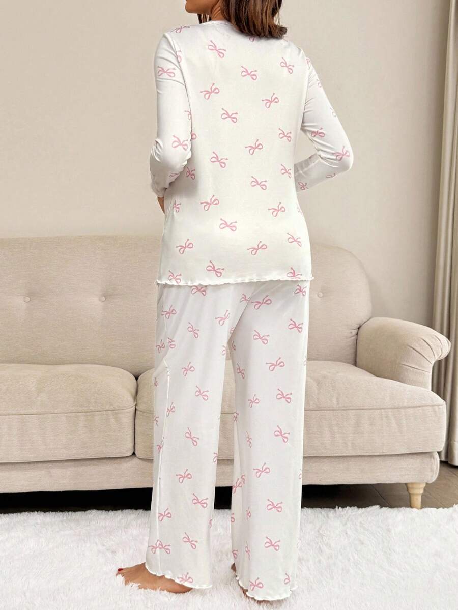 Apricot Maternity Bow Print 2-Piece Pajama Set - Long Sleeve Scoop Neck Top and Cropped Pants - Casual Soft Knit Lounge Set for Women