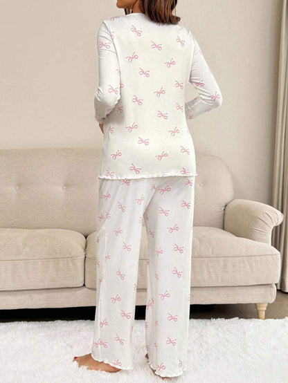 Apricot Maternity Bow Print 2-Piece Pajama Set - Long Sleeve Scoop Neck Top and Cropped Pants - Casual Soft Knit Lounge Set for Women