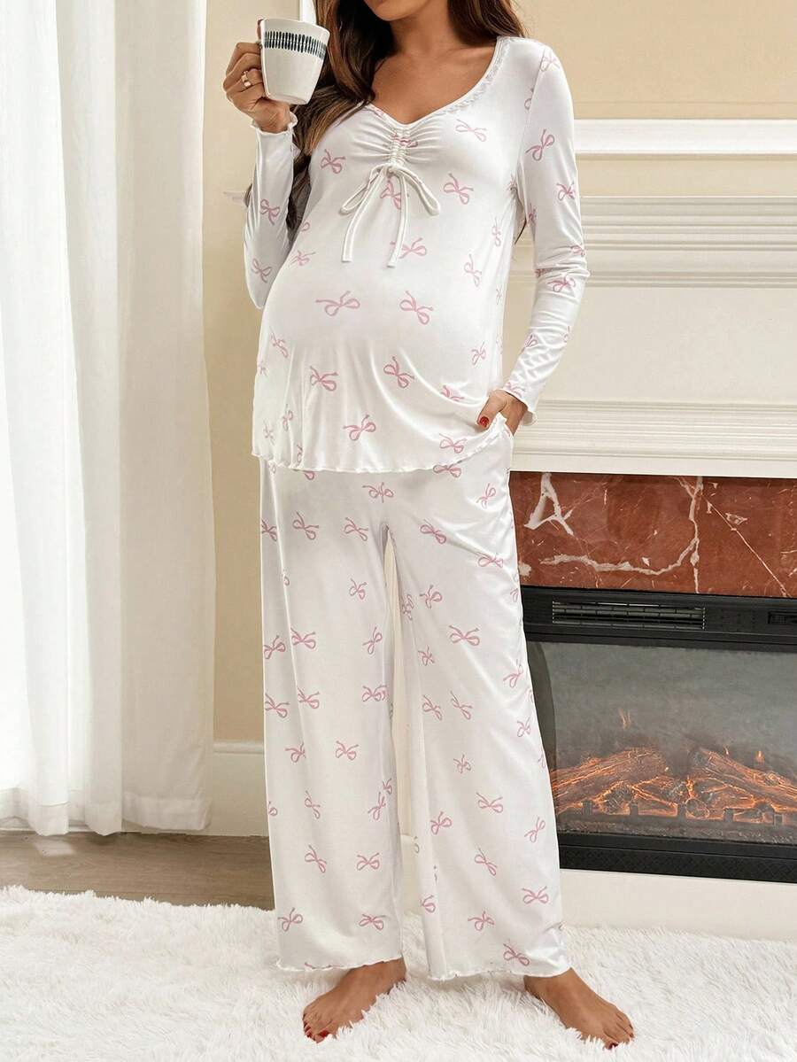Apricot Maternity Bow Print 2-Piece Pajama Set - Long Sleeve Scoop Neck Top and Cropped Pants - Casual Soft Knit Lounge Set for Women
