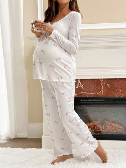 Apricot Maternity Bow Print 2-Piece Pajama Set - Long Sleeve Scoop Neck Top and Cropped Pants - Casual Soft Knit Lounge Set for Women