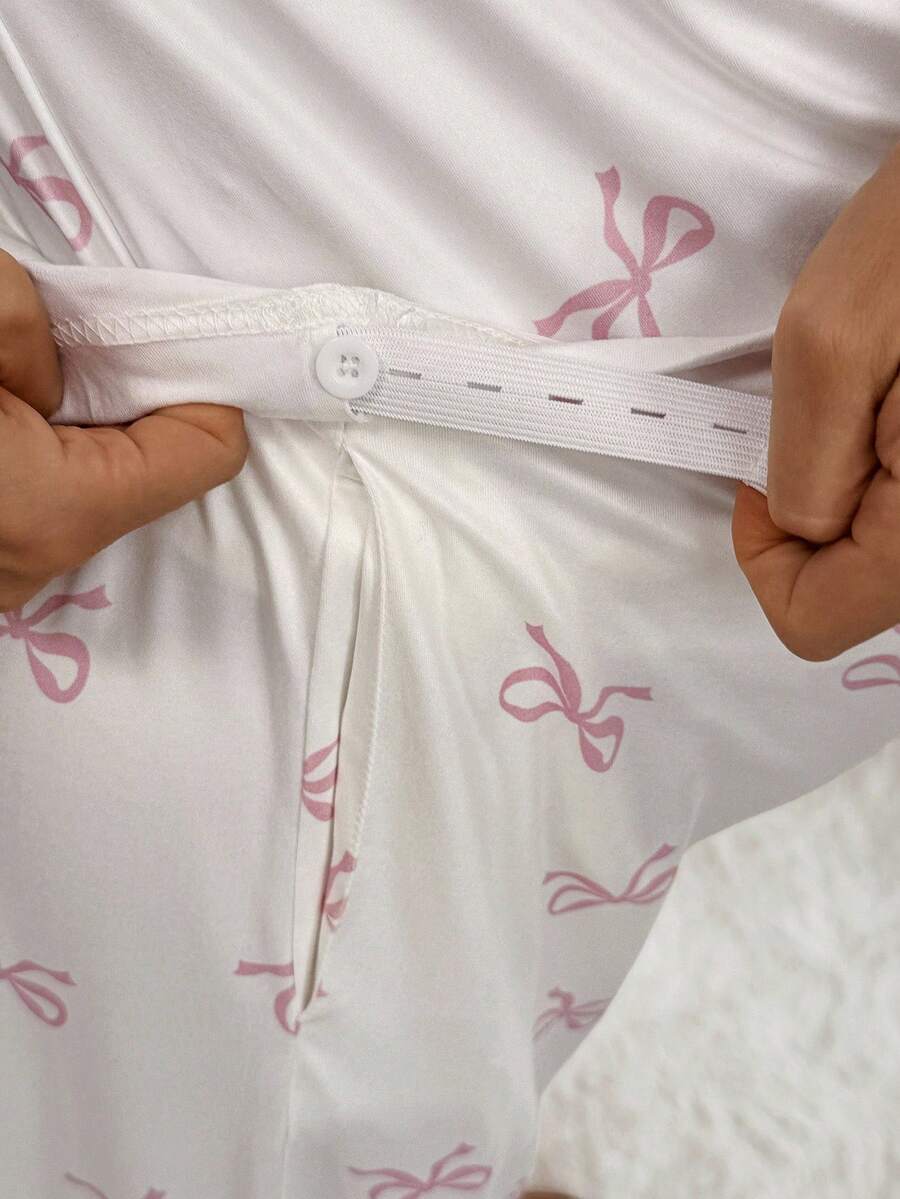 Apricot Maternity Bow Print 2-Piece Pajama Set - Long Sleeve Scoop Neck Top and Cropped Pants - Casual Soft Knit Lounge Set for Women