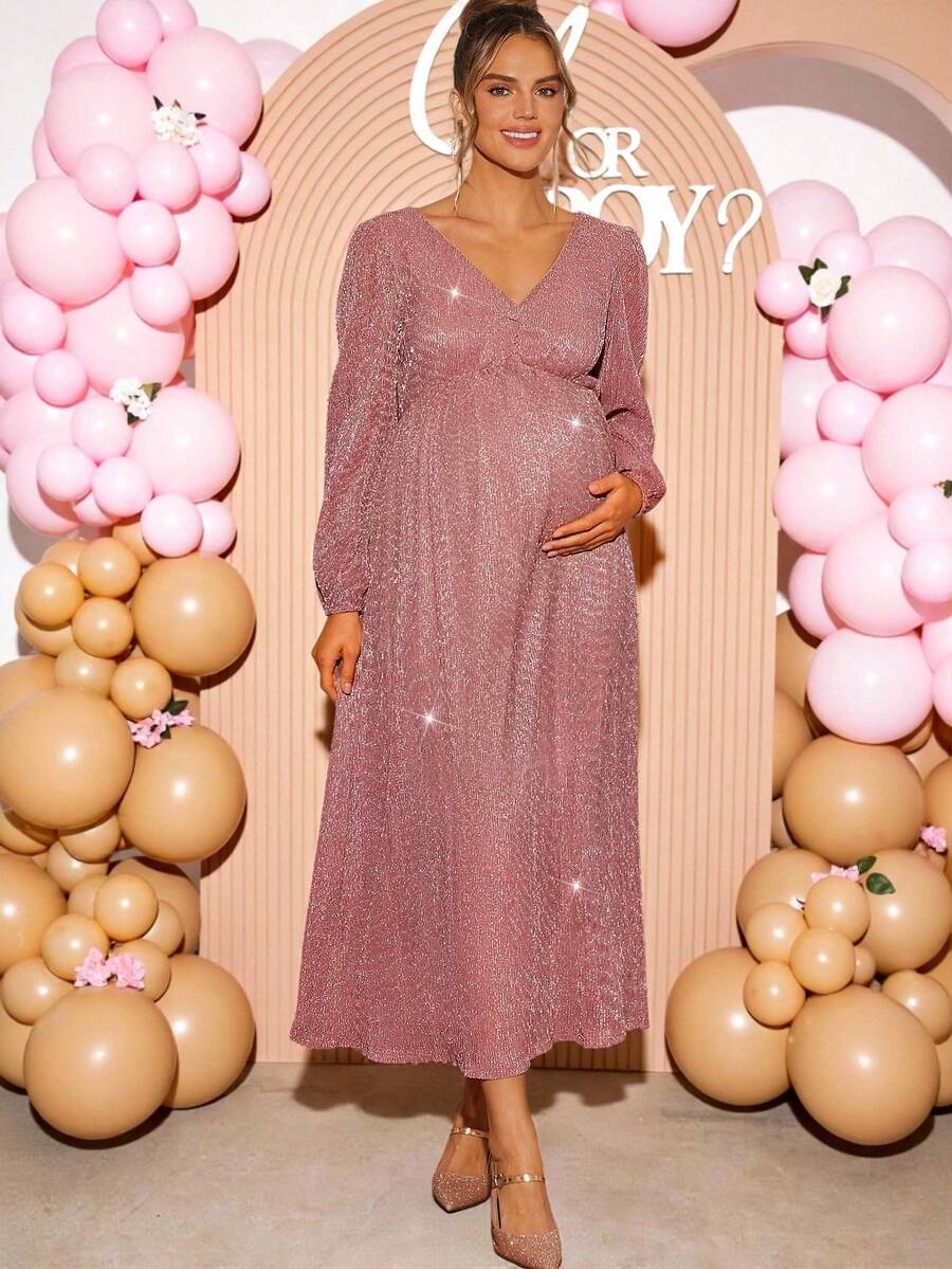 Pink Maternity Dress Off Shoulder Ruched Hem Slim Fit Solid Dusty Pink Gown for Baby Shower Gender Reveal Party and Spring Photoshoot