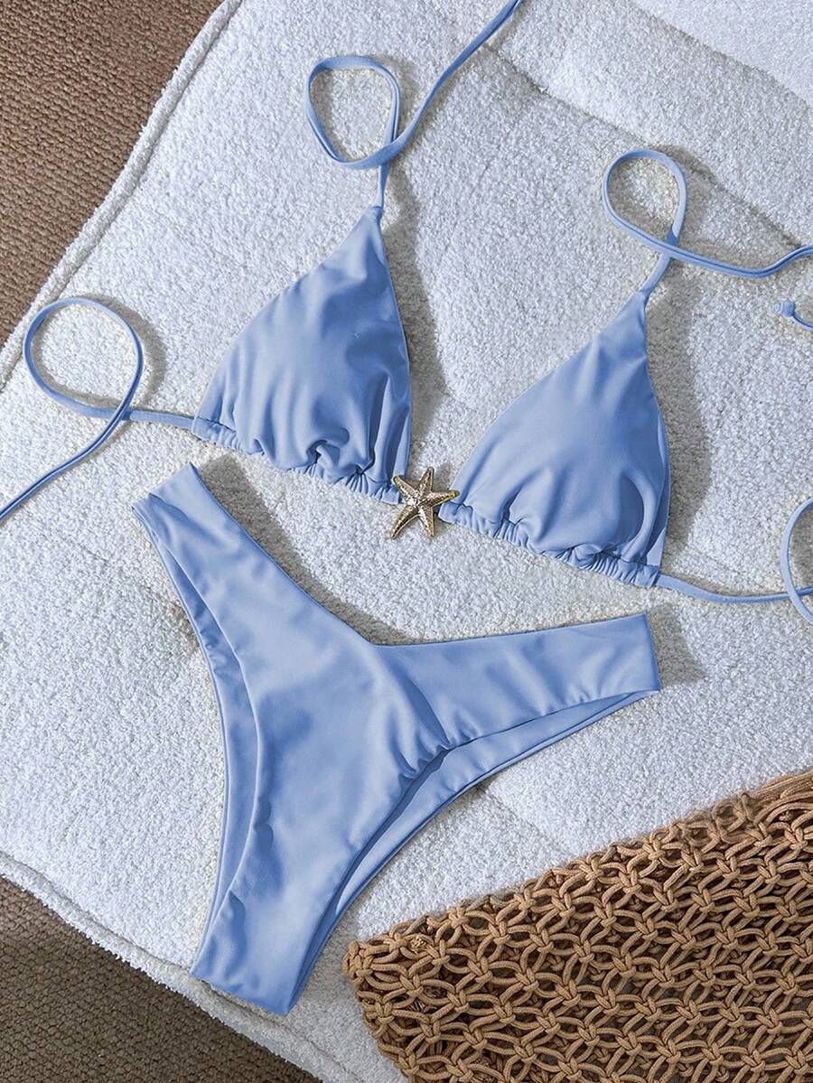 Swim Vcay Women's Solid Color Spaghetti Strap Metal Decor Sexy Bikini Set, Summer