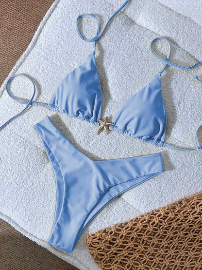 Swim Vcay Women's Solid Color Spaghetti Strap Metal Decor Sexy Bikini Set, Summer
