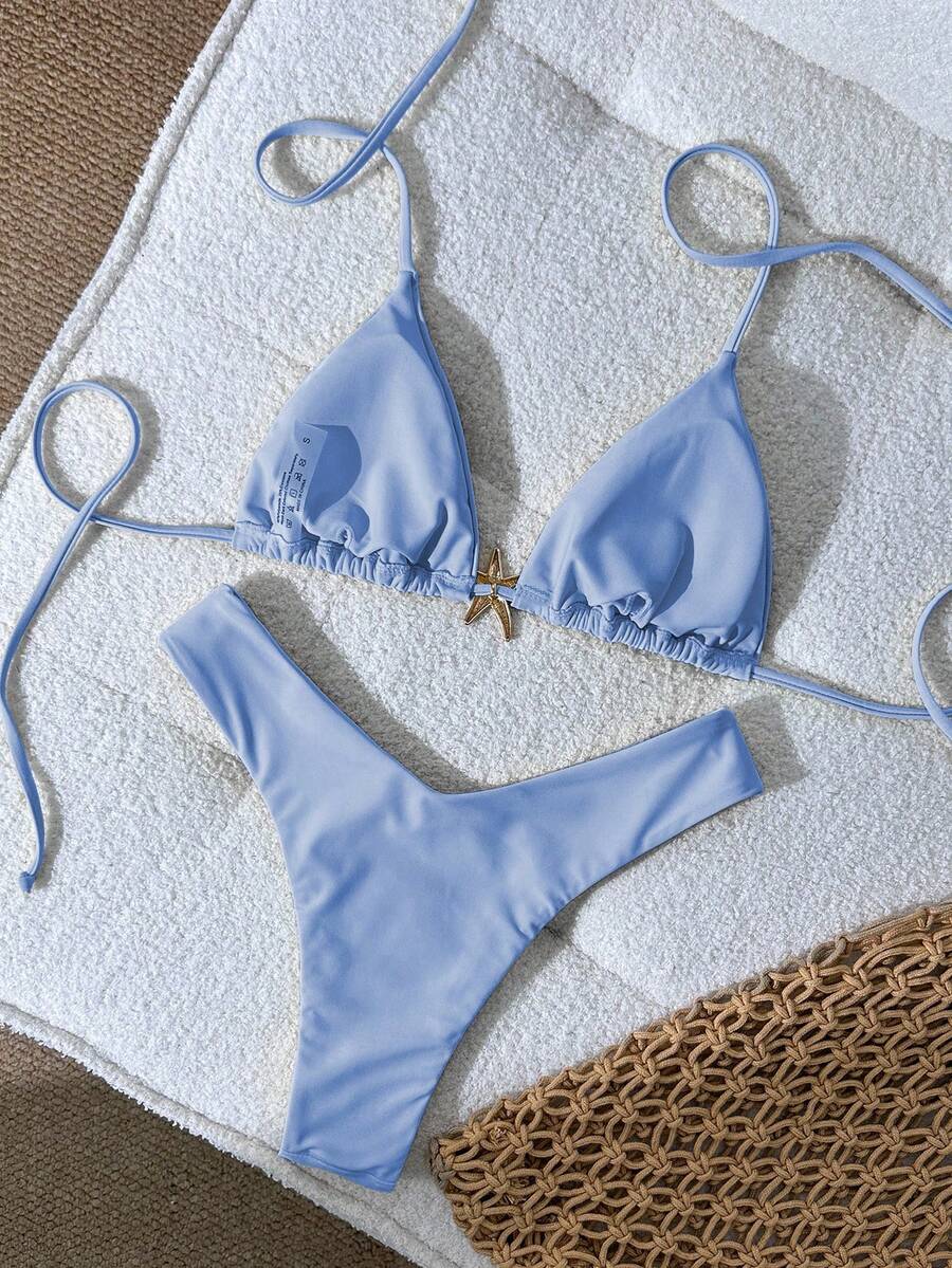 Swim Vcay Women's Solid Color Spaghetti Strap Metal Decor Sexy Bikini Set, Summer