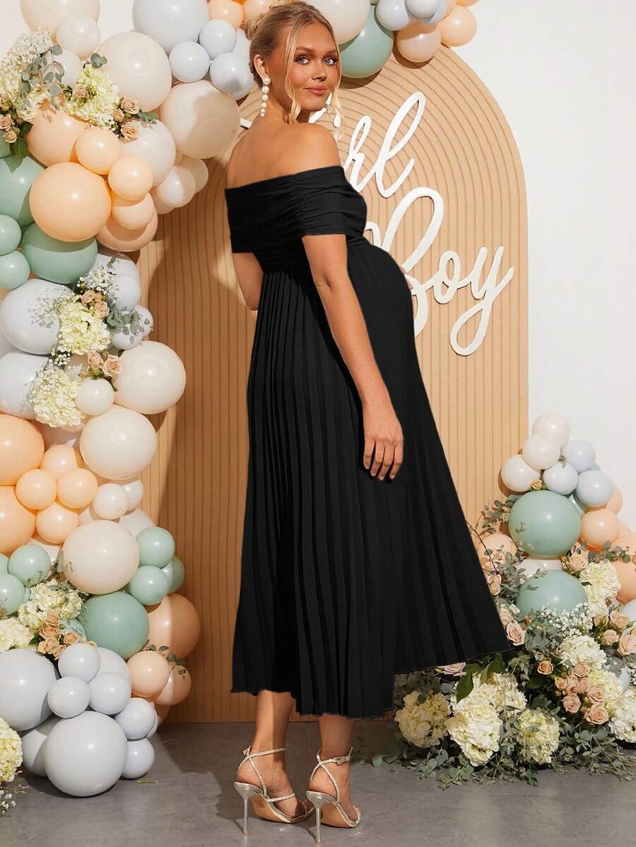 Maternity Off Shoulder Pleated Short Sleeve Dress Solid Color Slim Fit Elegant Pregnancy Gown for Baby Shower Gender Reveal Party Summer