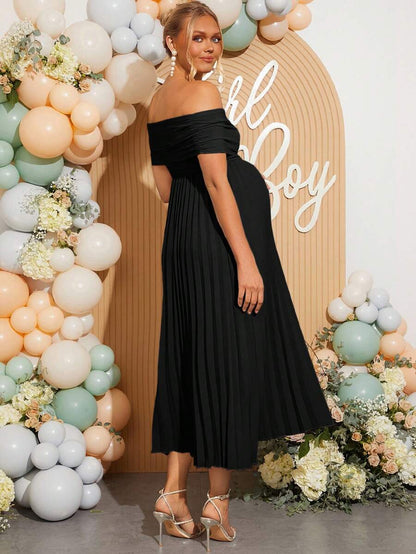 Maternity Off Shoulder Pleated Short Sleeve Dress Solid Color Slim Fit Elegant Pregnancy Gown for Baby Shower Gender Reveal Party Summer