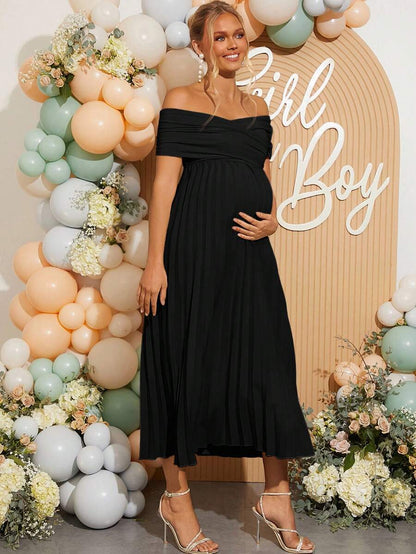 Maternity Off Shoulder Pleated Short Sleeve Dress Solid Color Slim Fit Elegant Pregnancy Gown for Baby Shower Gender Reveal Party Summer