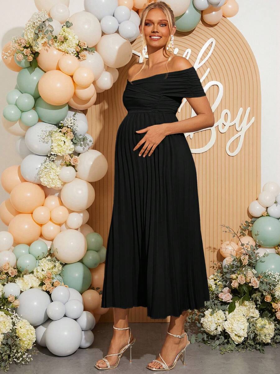 Maternity Off Shoulder Pleated Short Sleeve Dress Solid Color Slim Fit Elegant Pregnancy Gown for Baby Shower Gender Reveal Party Summer