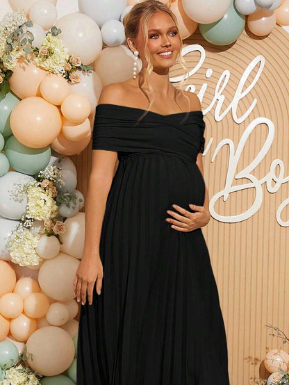 Maternity Off Shoulder Pleated Short Sleeve Dress Solid Color Slim Fit Elegant Pregnancy Gown for Baby Shower Gender Reveal Party Summer