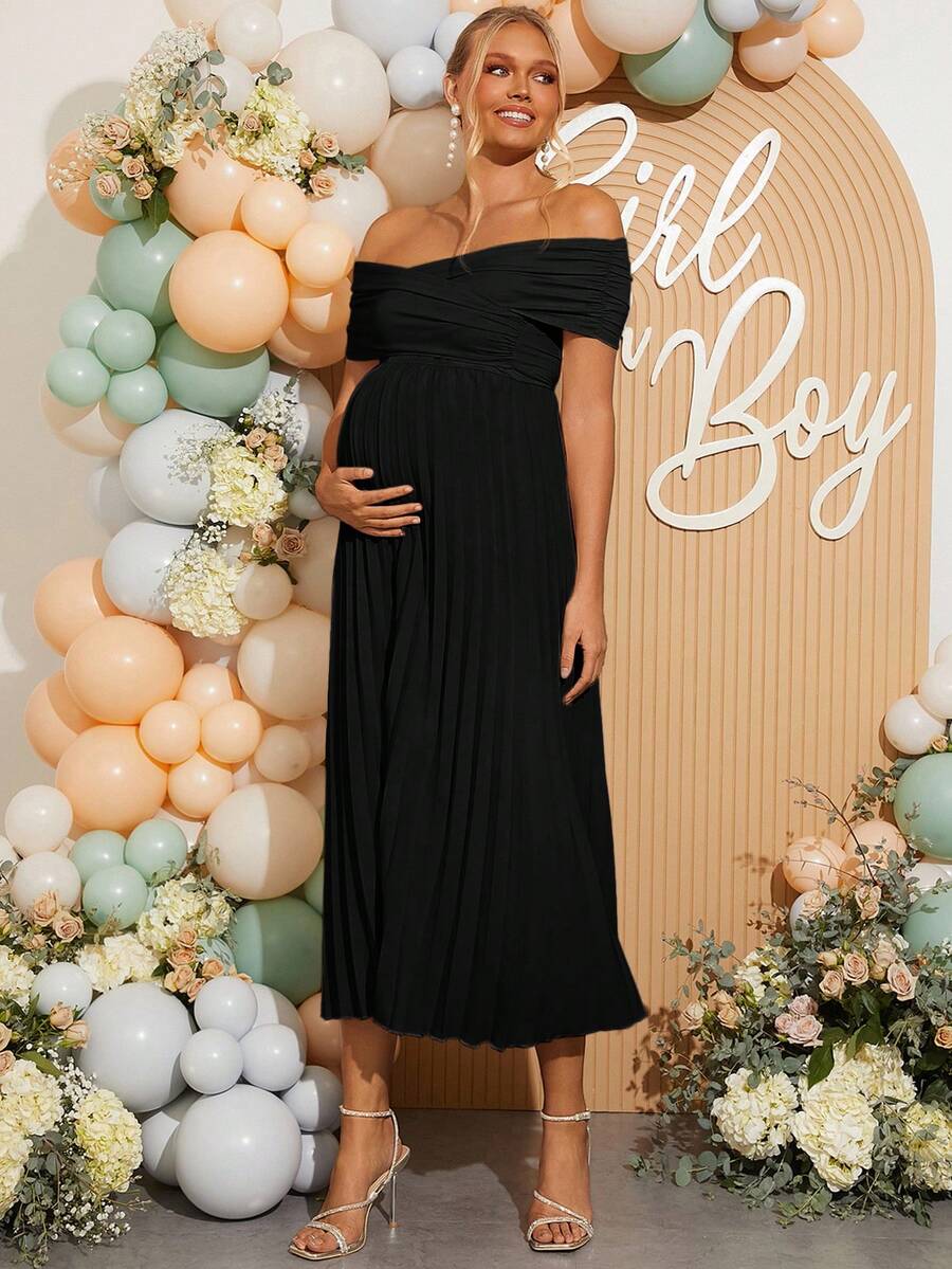Maternity Off Shoulder Pleated Short Sleeve Dress Solid Color Slim Fit Elegant Pregnancy Gown for Baby Shower Gender Reveal Party Summer