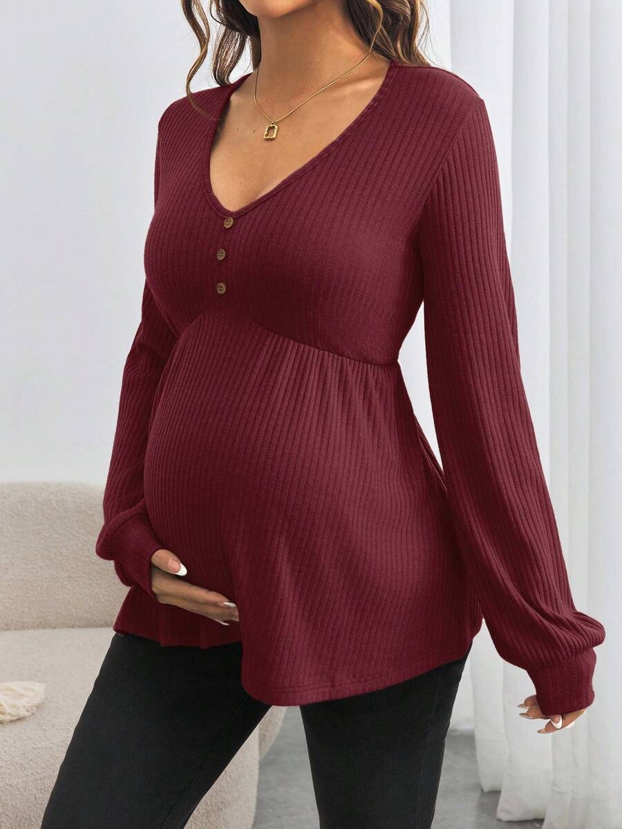 Maternity V-Neck Button Down Long Sleeve T-Shirt - Loose Fit Knitted Flared Hem Casual Top