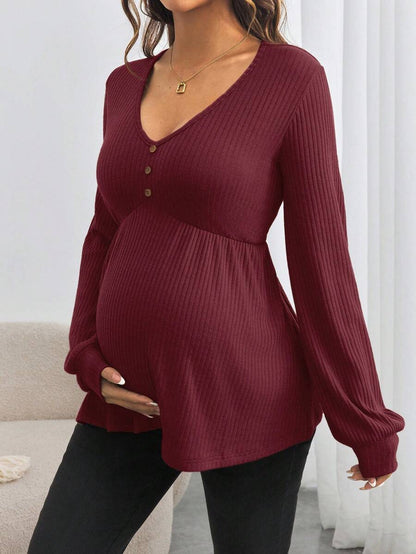 Maternity V-Neck Button Down Long Sleeve T-Shirt - Loose Fit Knitted Flared Hem Casual Top