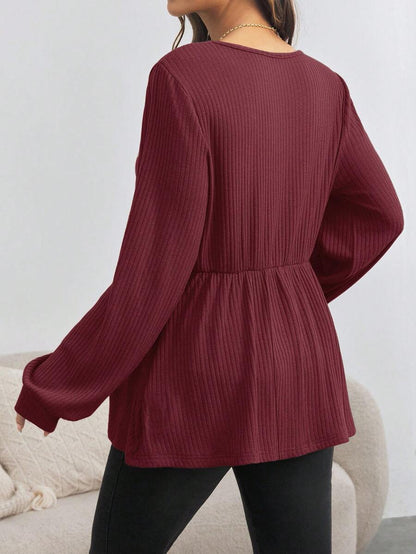 Maternity V-Neck Button Down Long Sleeve T-Shirt - Loose Fit Knitted Flared Hem Casual Top