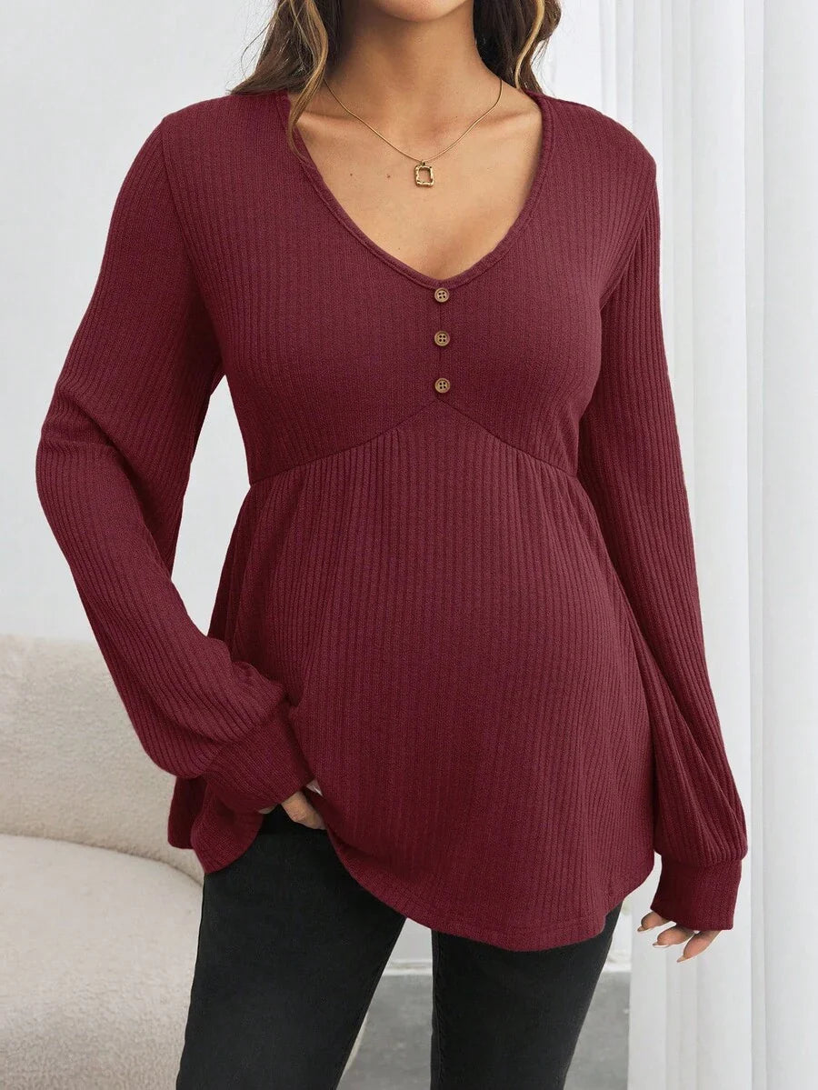 Maternity V-Neck Button Down Long Sleeve T-Shirt - Loose Fit Knitted Flared Hem Casual Top