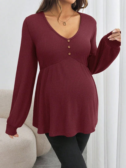 Maternity V-Neck Button Down Long Sleeve T-Shirt - Loose Fit Knitted Flared Hem Casual Top