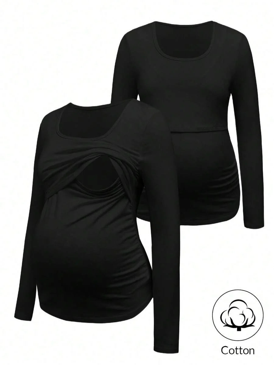 1 pc Maternity Long Sleeve Nursing T-Shirt – Solid Color Round Neck Breastfeeding Top