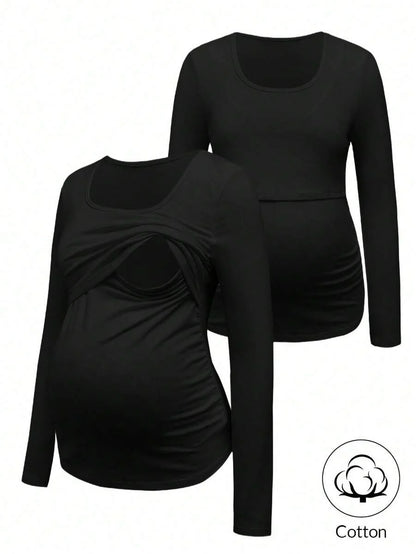 1 pc Maternity Long Sleeve Nursing T-Shirt – Solid Color Round Neck Breastfeeding Top