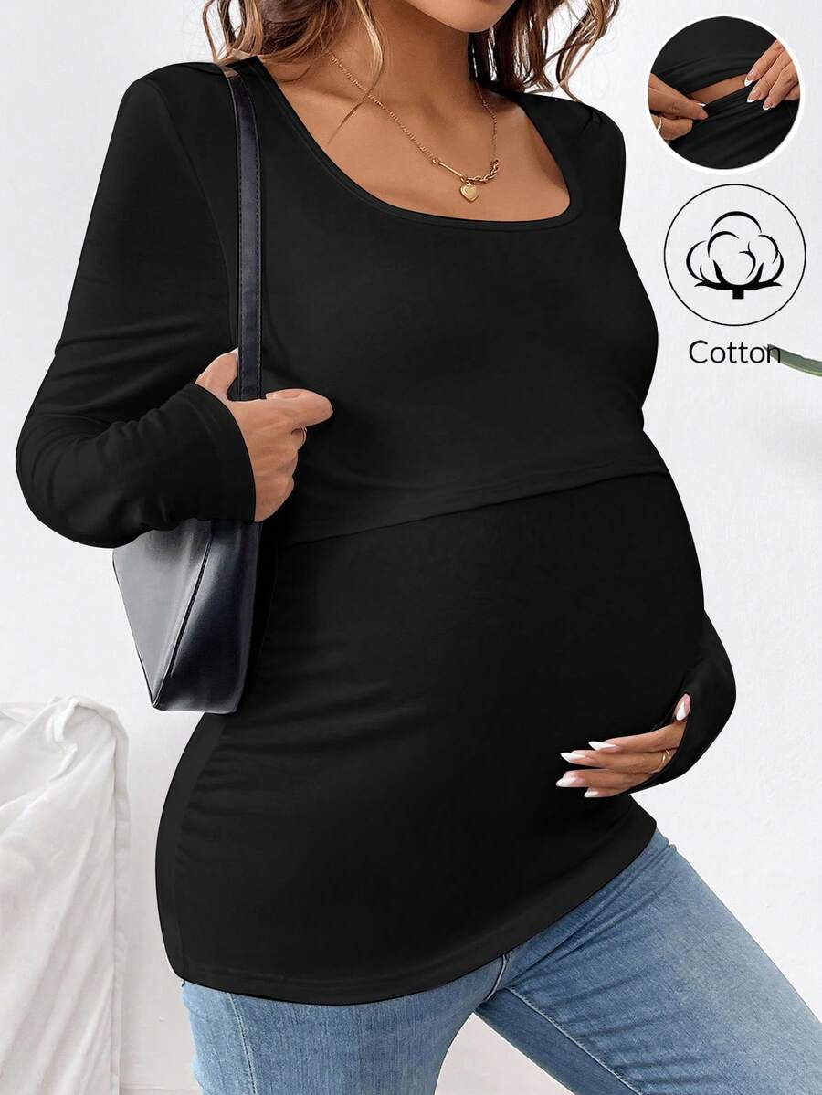1 pc Maternity Long Sleeve Nursing T-Shirt – Solid Color Round Neck Breastfeeding Top