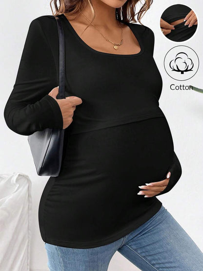 1 pc Maternity Long Sleeve Nursing T-Shirt – Solid Color Round Neck Breastfeeding Top