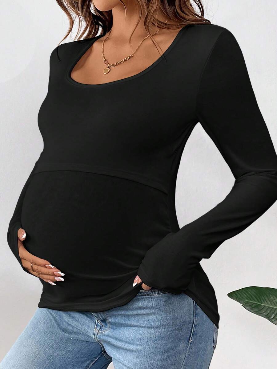 1 pc Maternity Long Sleeve Nursing T-Shirt – Solid Color Round Neck Breastfeeding Top