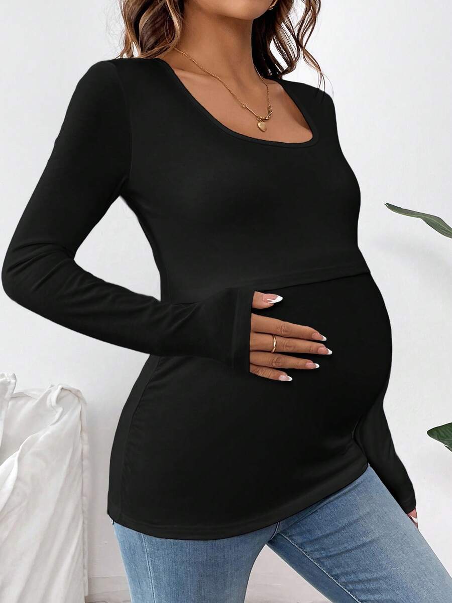 1 pc Maternity Long Sleeve Nursing T-Shirt – Solid Color Round Neck Breastfeeding Top
