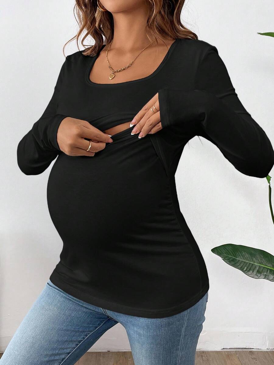 1 pc Maternity Long Sleeve Nursing T-Shirt – Solid Color Round Neck Breastfeeding Top