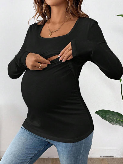 1 pc Maternity Long Sleeve Nursing T-Shirt – Solid Color Round Neck Breastfeeding Top