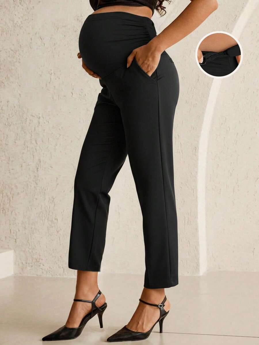 Maternity Tailored Office Pants - Adjustable Waist, Belly Support, Cropped, Black