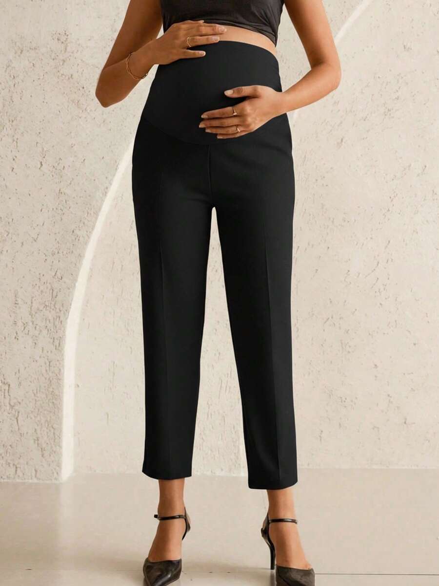 Maternity Tailored Office Pants - Adjustable Waist, Belly Support, Cropped, Black