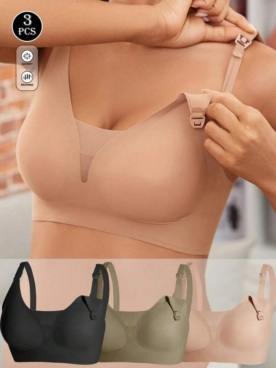 Maternity Nursing Bra Set 3 Pack - Seamless Front Clasp Deep V Neck Breastfeeding, All Season