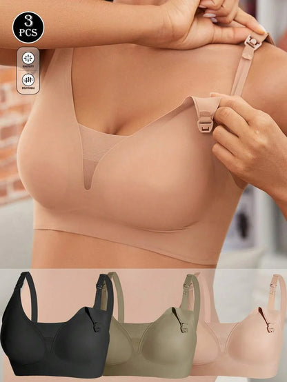 Maternity Nursing Bra Set 3 Pack - Seamless Front Clasp Deep V Neck Breastfeeding, All Season