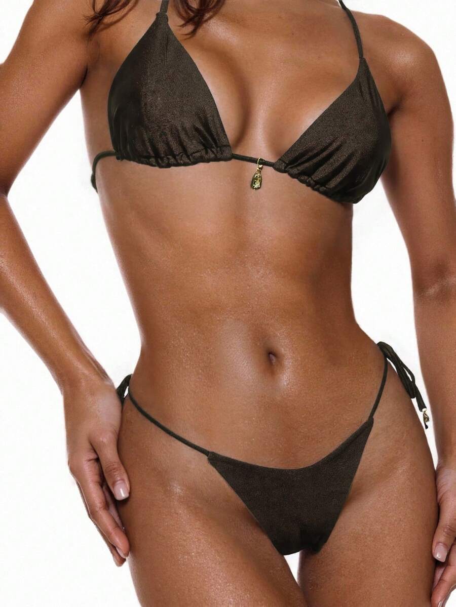 Swim Chiccia Women Spring Break Summer Beach Solid Color Halter Tie Sexy Bikini Swimsuit Set