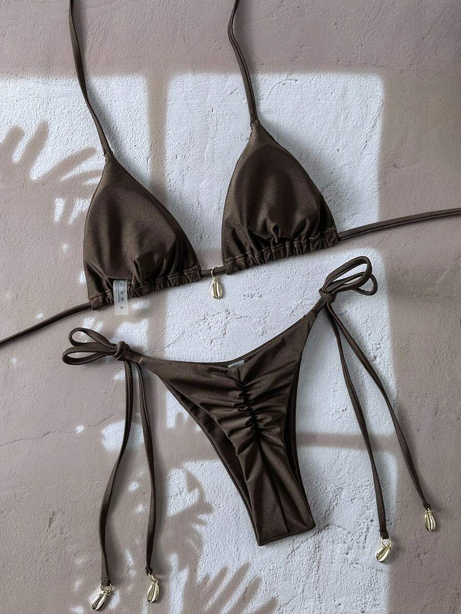 Swim Chiccia Women Spring Break Summer Beach Solid Color Halter Tie Sexy Bikini Swimsuit Set