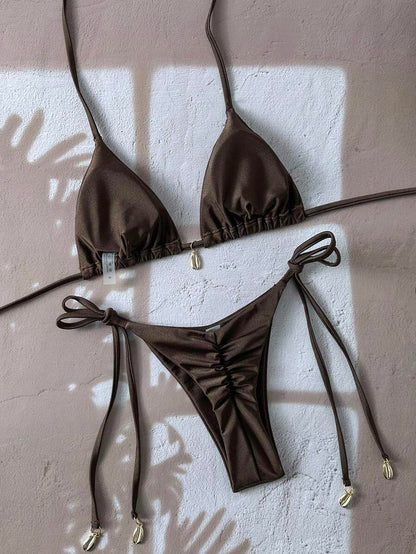 Swim Chiccia Women Spring Break Summer Beach Solid Color Halter Tie Sexy Bikini Swimsuit Set