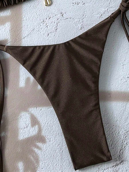 Swim Chiccia Women Spring Break Summer Beach Solid Color Halter Tie Sexy Bikini Swimsuit Set