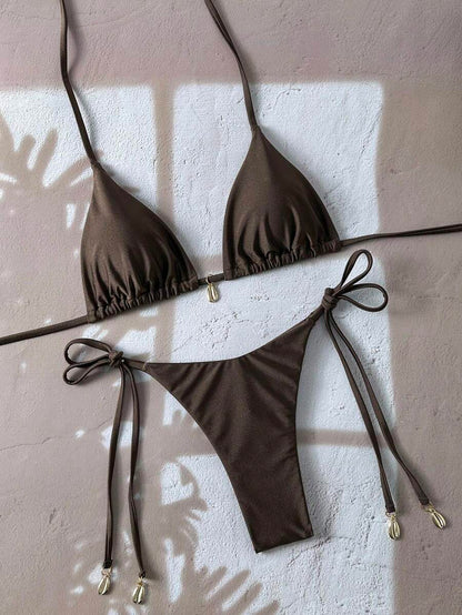 Swim Chiccia Women Spring Break Summer Beach Solid Color Halter Tie Sexy Bikini Swimsuit Set