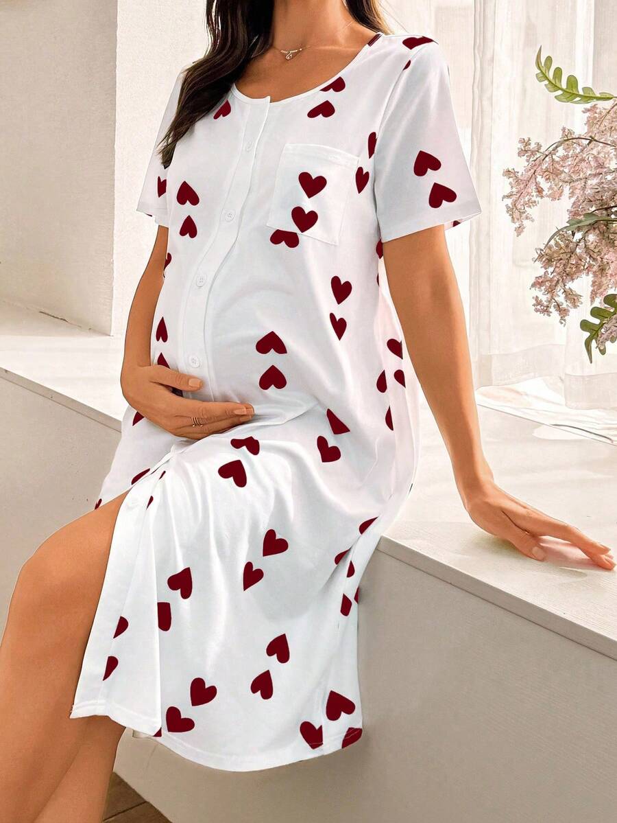 Maternity Heart Print Nightgown Women Loungewear Comfortable Pregnancy Sleepwear Dress