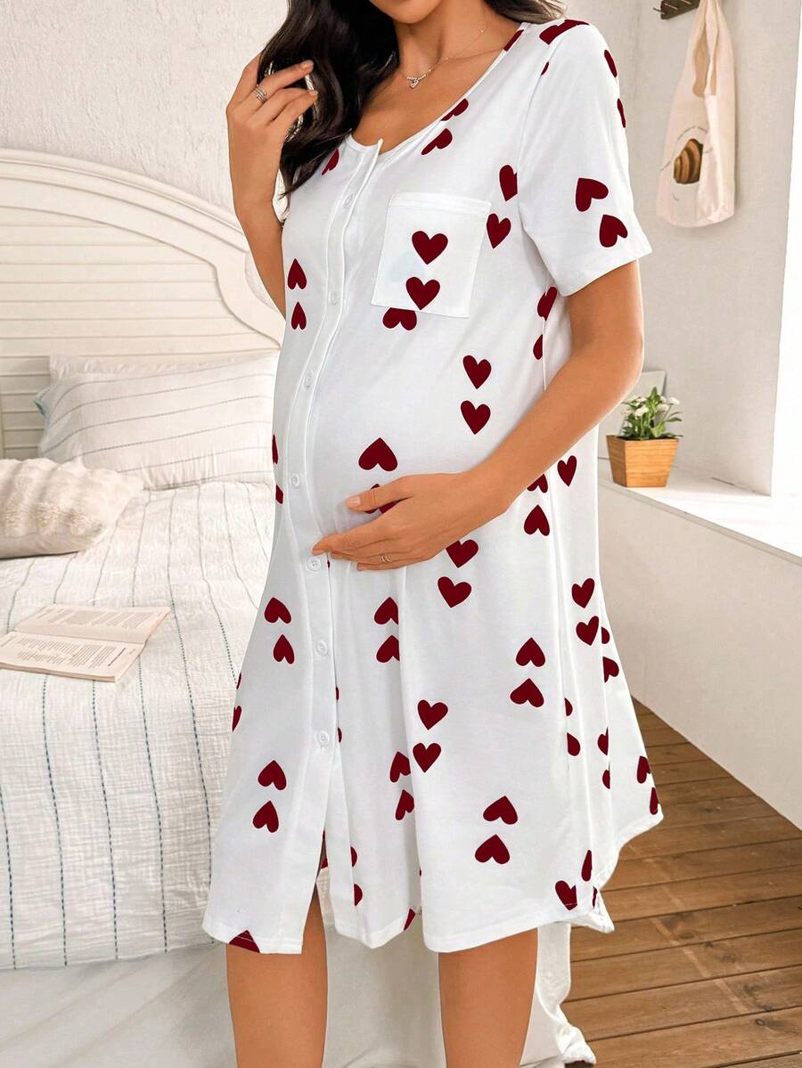Maternity Heart Print Nightgown Women Loungewear Comfortable Pregnancy Sleepwear Dress