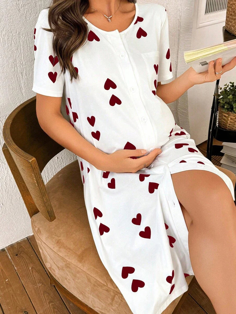 Maternity Heart Print Nightgown Women Loungewear Comfortable Pregnancy Sleepwear Dress